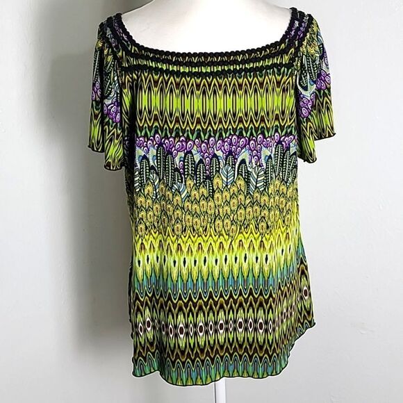 Cato Colorful Top with Embroidered Neckline, Purple, Green & Black, Size XL - Picture 6 of 8